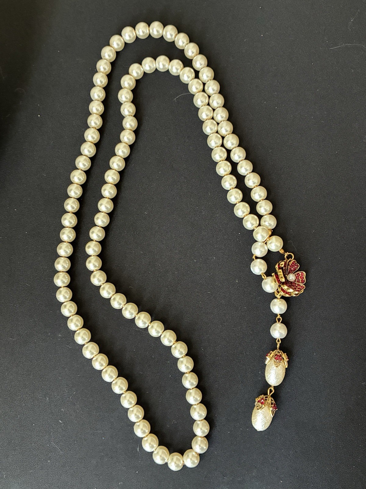 Statement Beaded Lariat Necklace Simulated Pearl Pavé Rhinestone Flower Pink