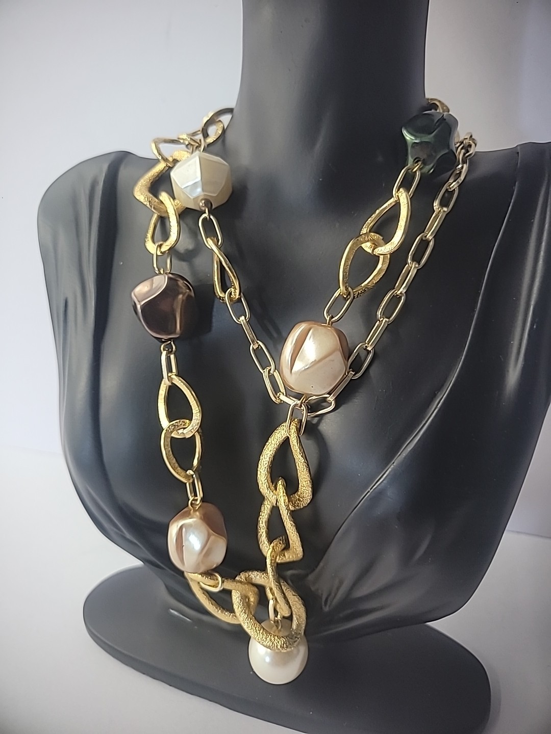 Vintage Necklace Beaded Blue Pink Gold Tone Chain Jewelry Costume
