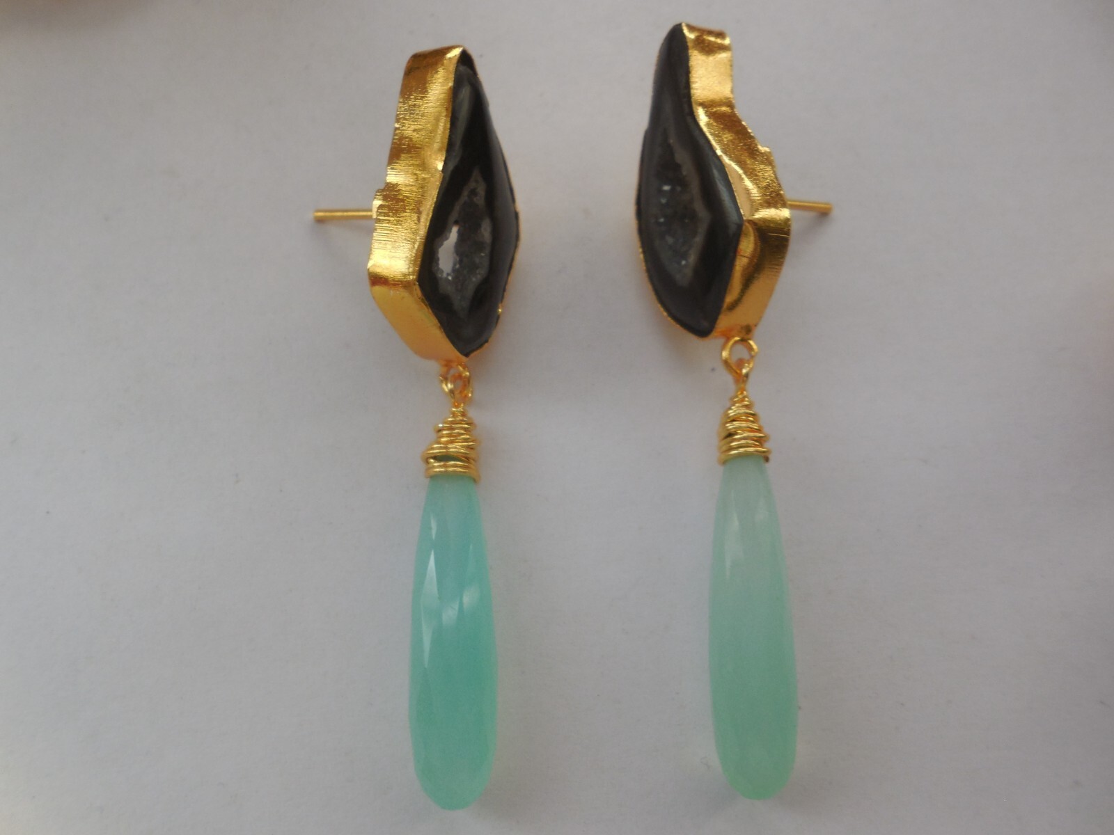 Druzy Chandelier Earrings Elongated Chalcedony Drop Gemstone Gold Plated Jewelry