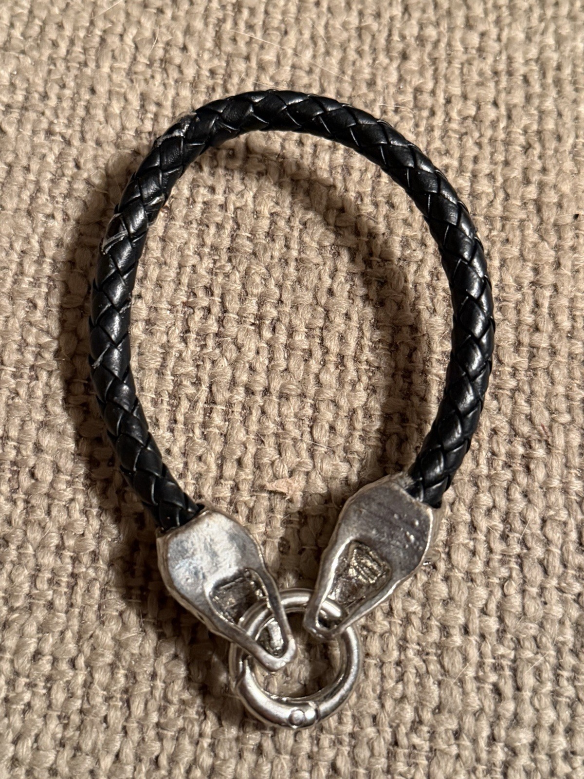 Black Braided Leather Bracelet Silver Tone Wolf Head Ring Closure