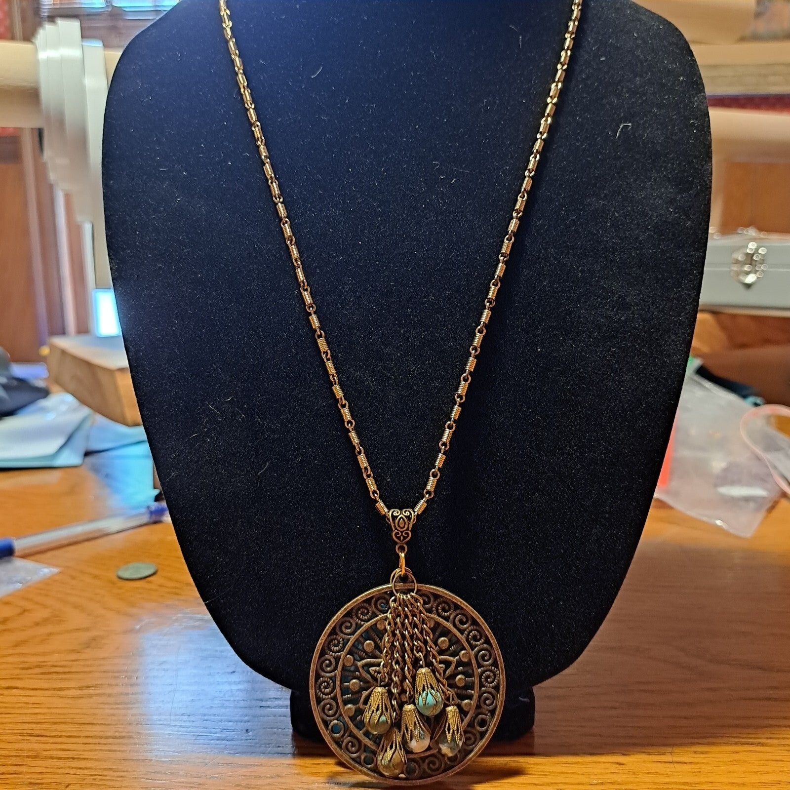 Handmade Bronzetone Medallion Charm Necklace 26″