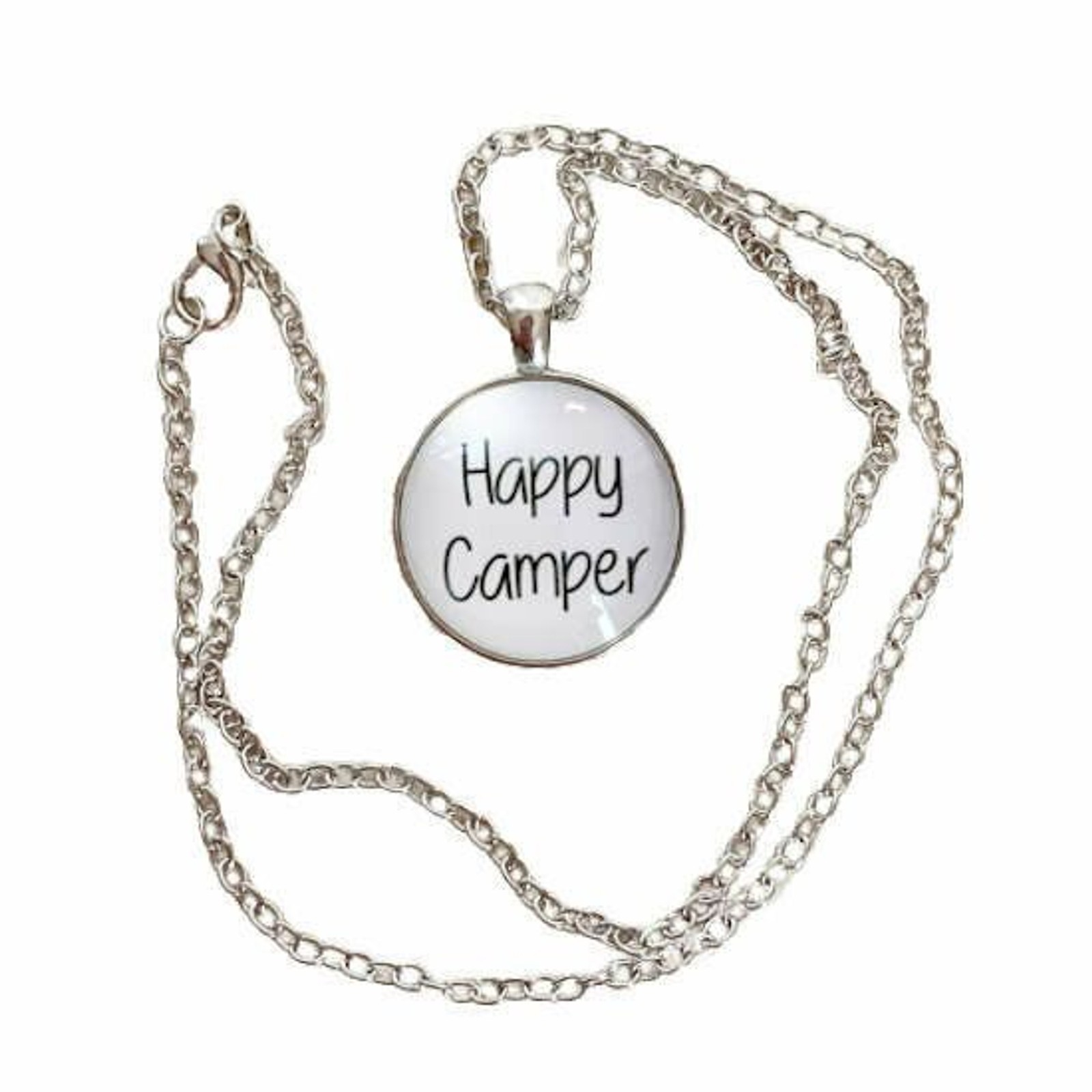 HAPPY CAMPER Necklace NEW White Round Glass Silver Chain RV Motorhome Tent