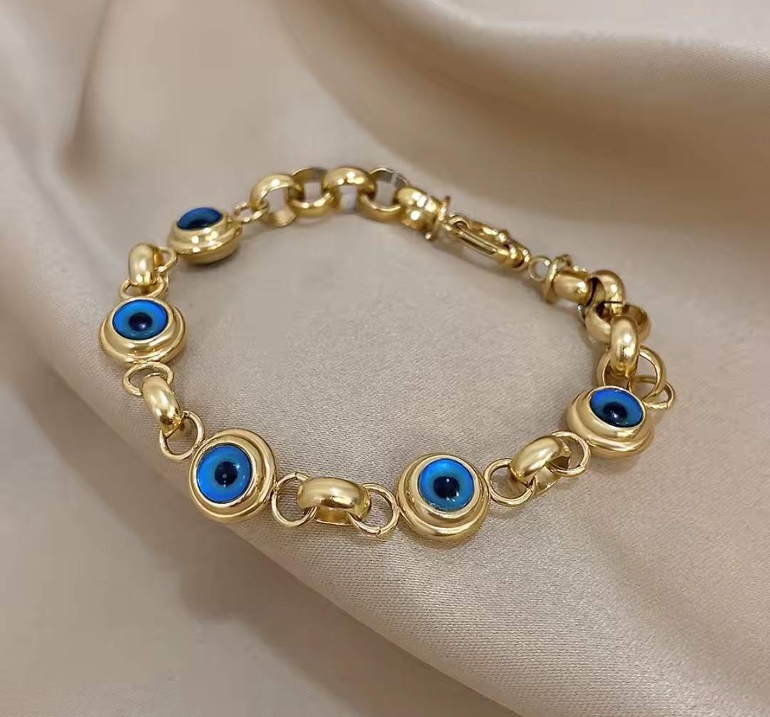 Evil Eye Chain Bracelet Gold Plated Bangle Cuff Prayer Tradition
