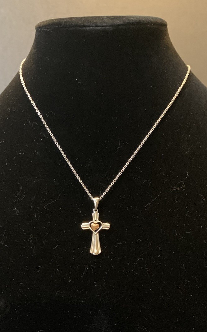 Silver Tone Cross w/ Copper Color Dangle Heart Pendant Necklace 18” Simple Cute