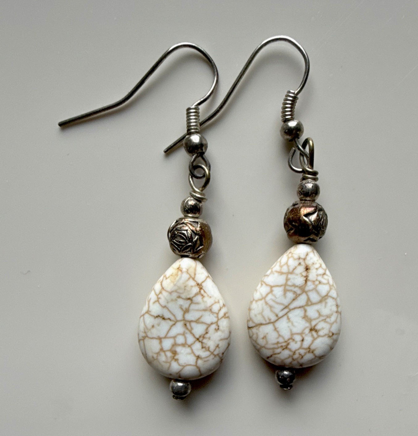 White Howlite Teardrop Beaded Dangle Hook Earrings Silver Plated Hematite