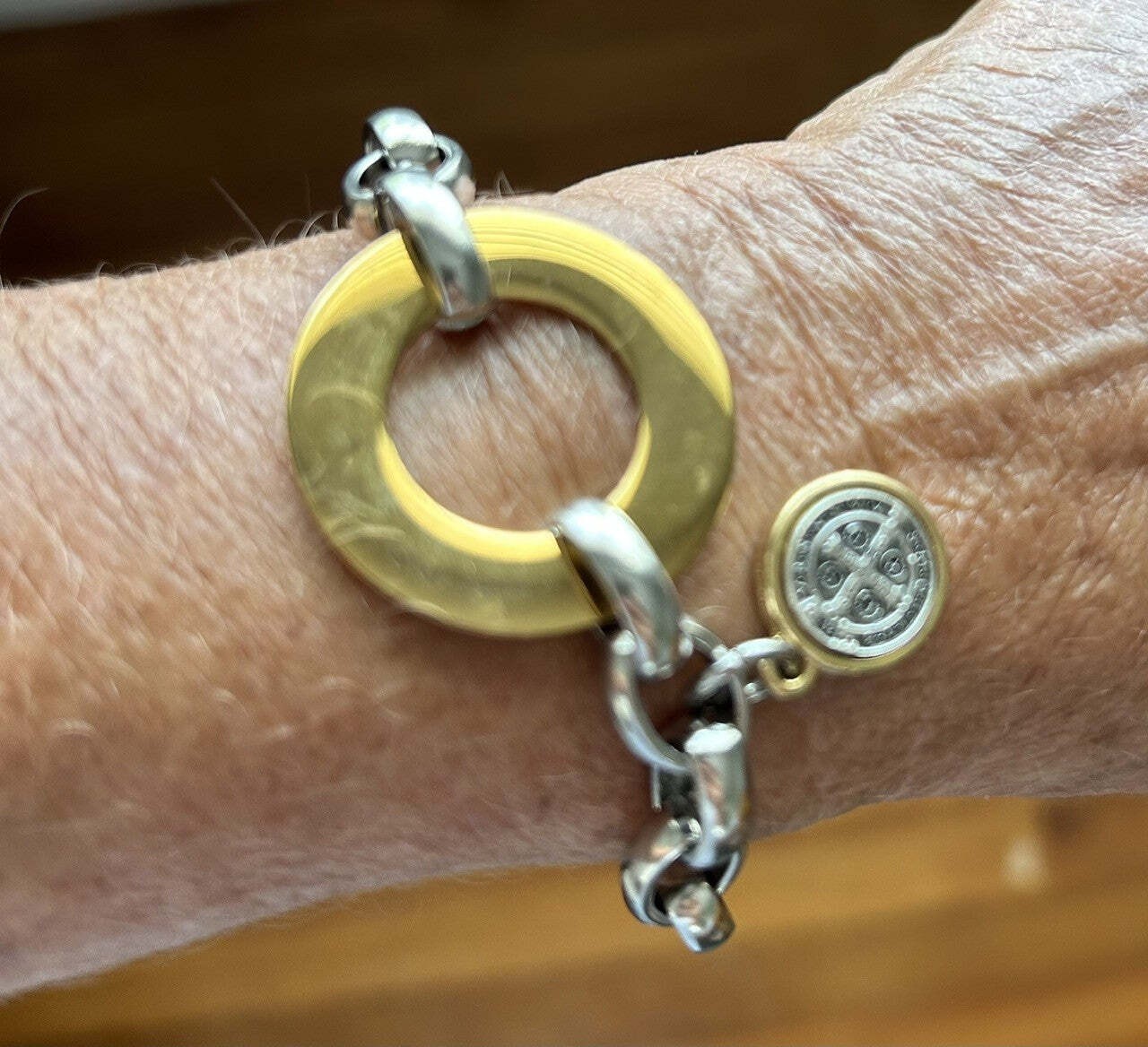 Men St Benedict Bracelet, Stainless steel with a two tone medal