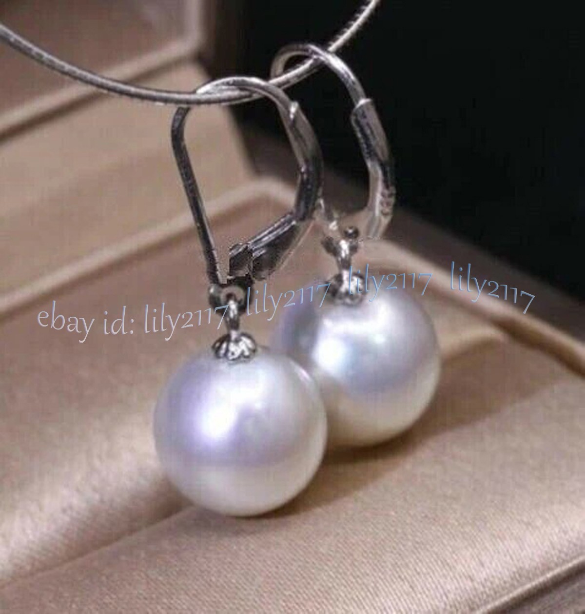 Perfect Natural Round South Sea White Pearl Dangle Earrings 14k Gold Leverback