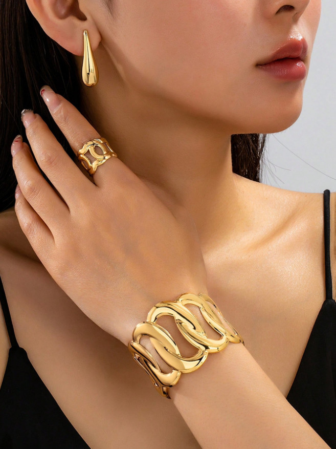 4 Pcs Jewelry Set Bracelet Earrings Ring Thick Cuff Teardrop Bangle For Women US
