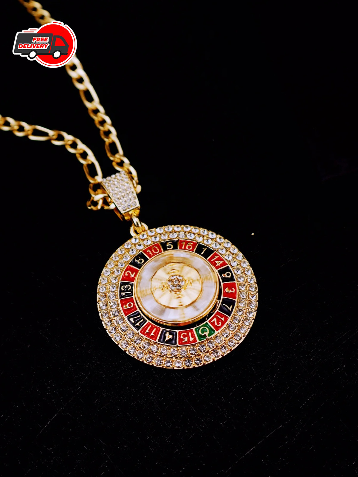 Gold Roulette Spinning Center /Casino Poker Cards Pendant Necklace Cuban Chain