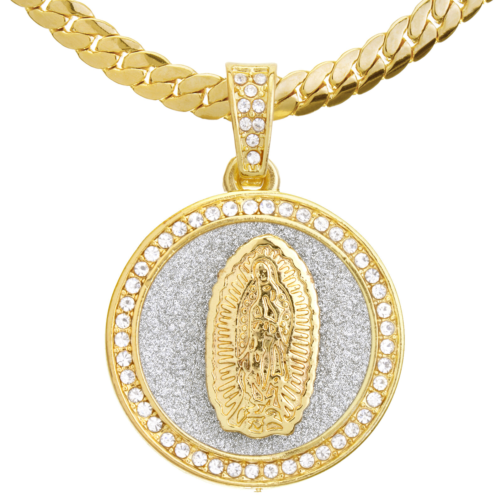 Men’s Gold Tone Mary Guadalupe Pendant 20″ Miami Cuban Chain Necklace MCP 116 G