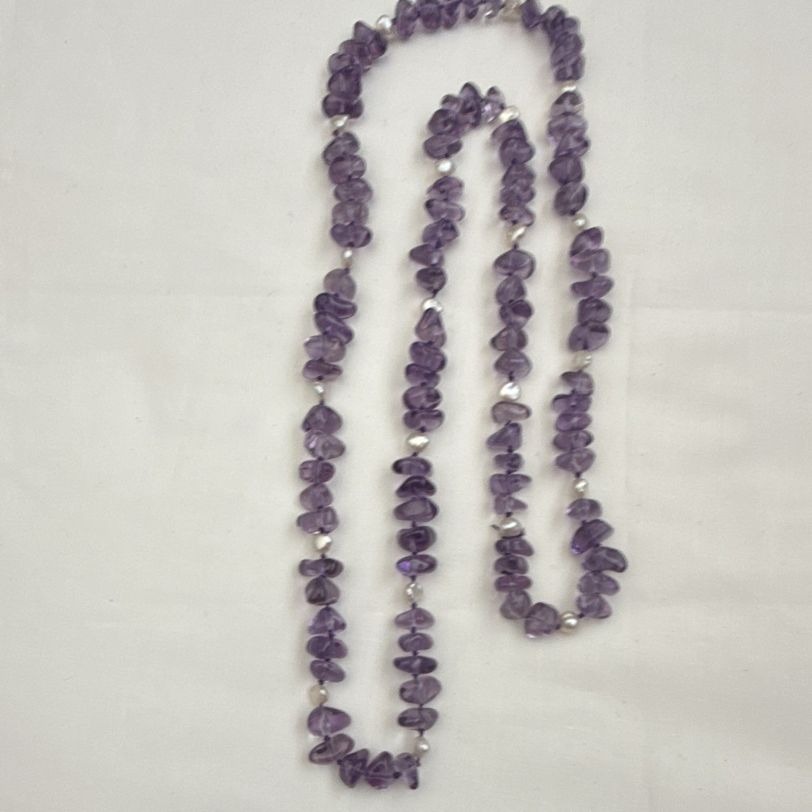 Genuine Amethyst nugget Beaded Strand Necklace freshwater pearl spacer.