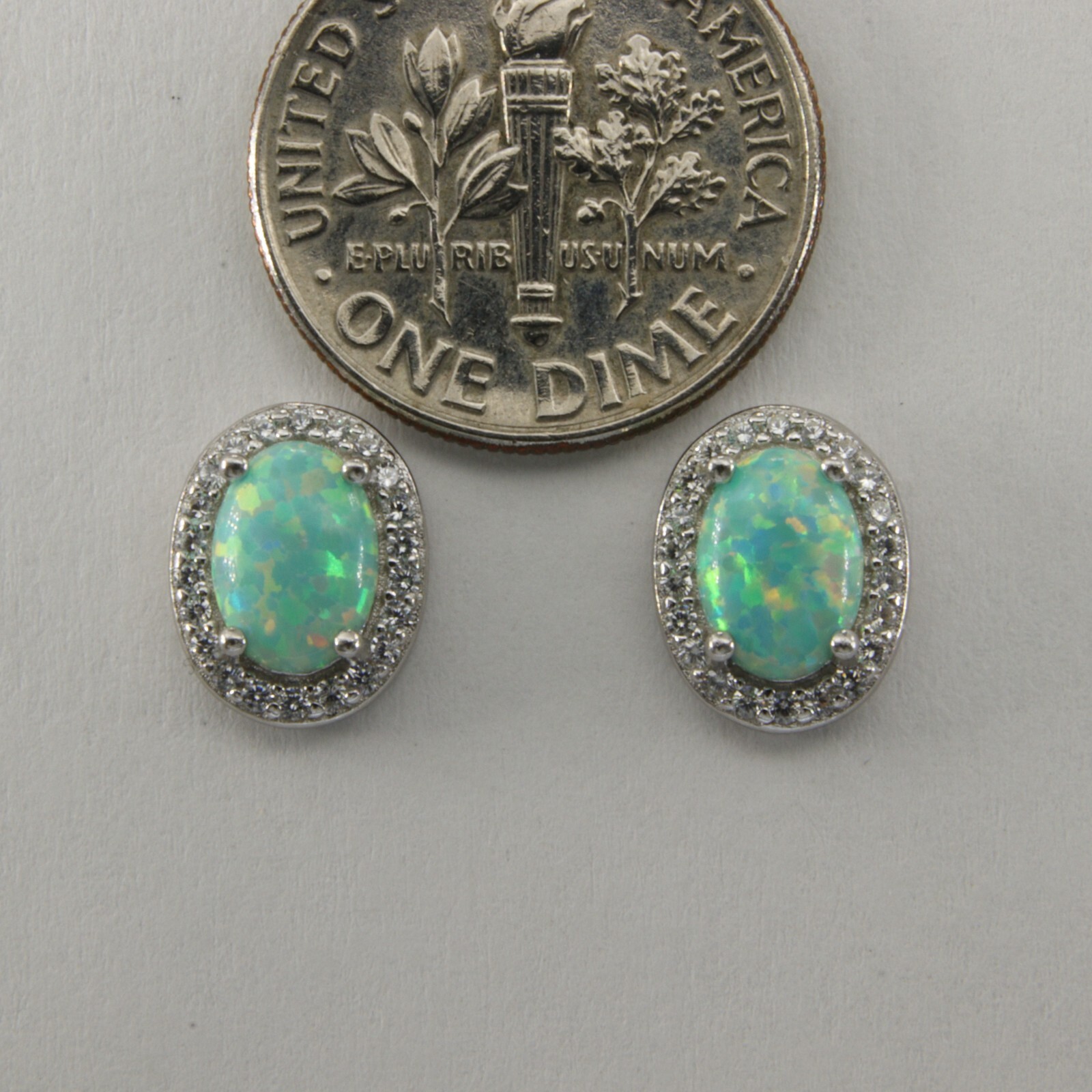 Green Oval FIRE OPAL Post / Stud Earrings with 22 CZs 925 STERLING SILVER #630e
