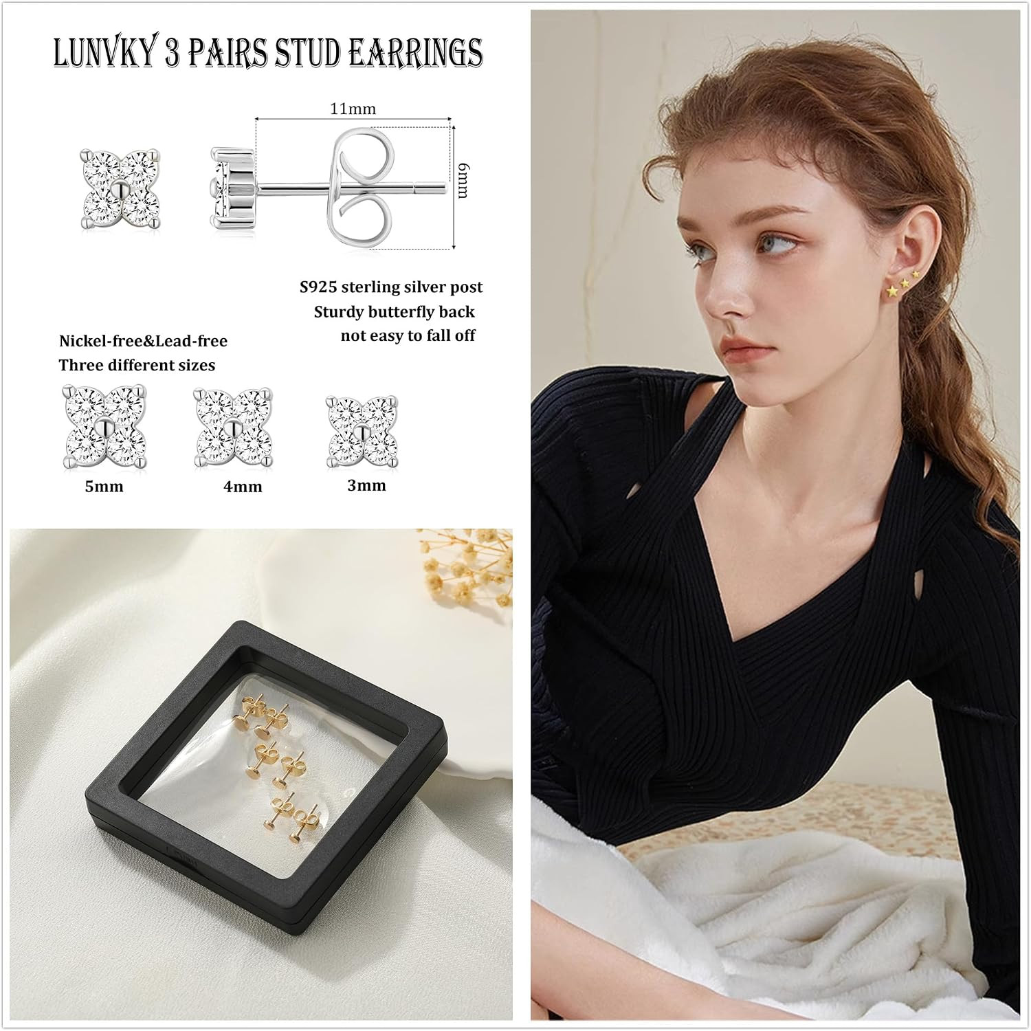3 Pairs 14K Gold Plated Stud Earring Sets for Women Small Dainty Sterling Silver