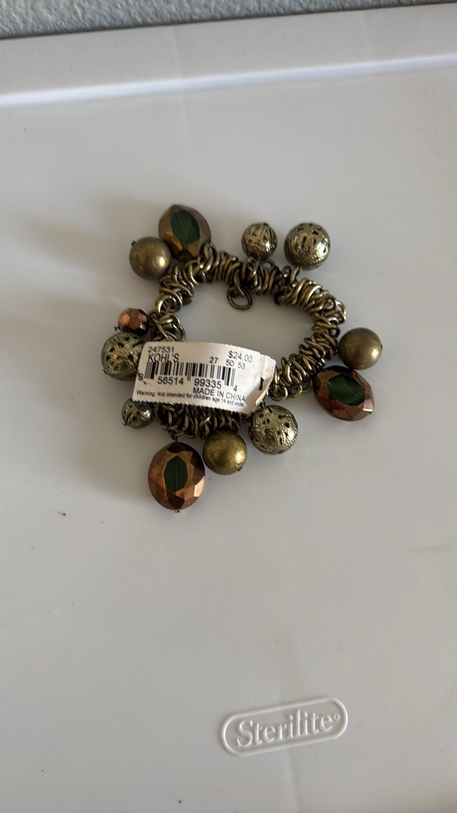 Apt. 9 Signed Stackable Gold Tone Rolo Charm Bracelet Green Oval Bezel