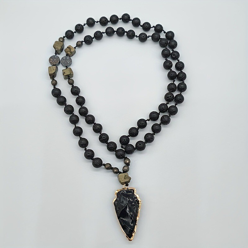 Natural Lava Rock + Black Obsidain Arrow Pendant Necklace Healing Necklace