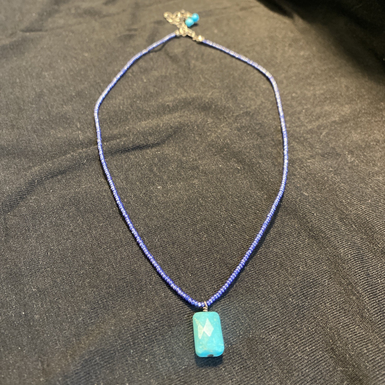 Blue single strand Beaded Necklace with Turquoise pendant