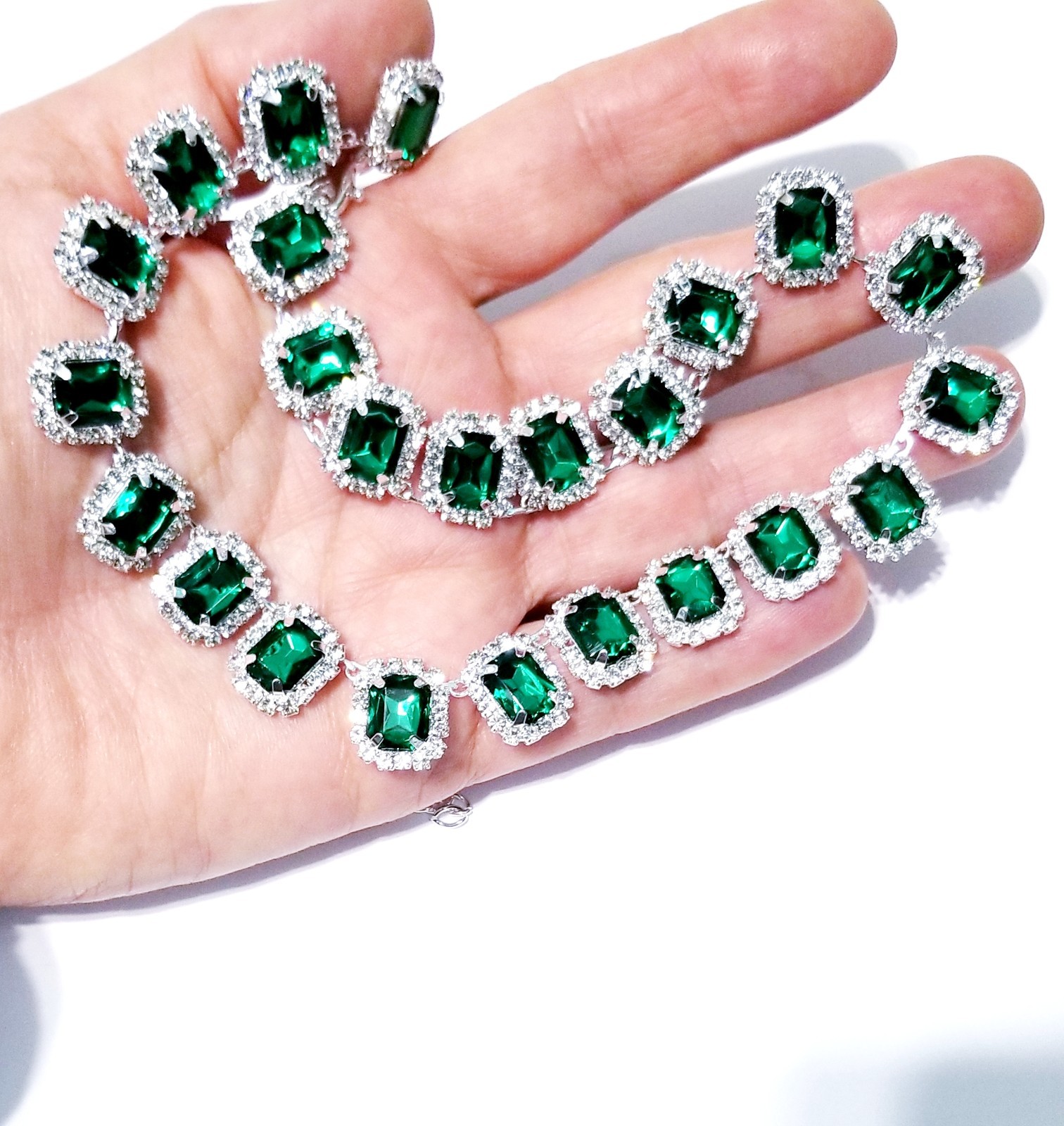 Green Statement Choker Rhinestone Necklace Bridal Prom Pageant Jewelry