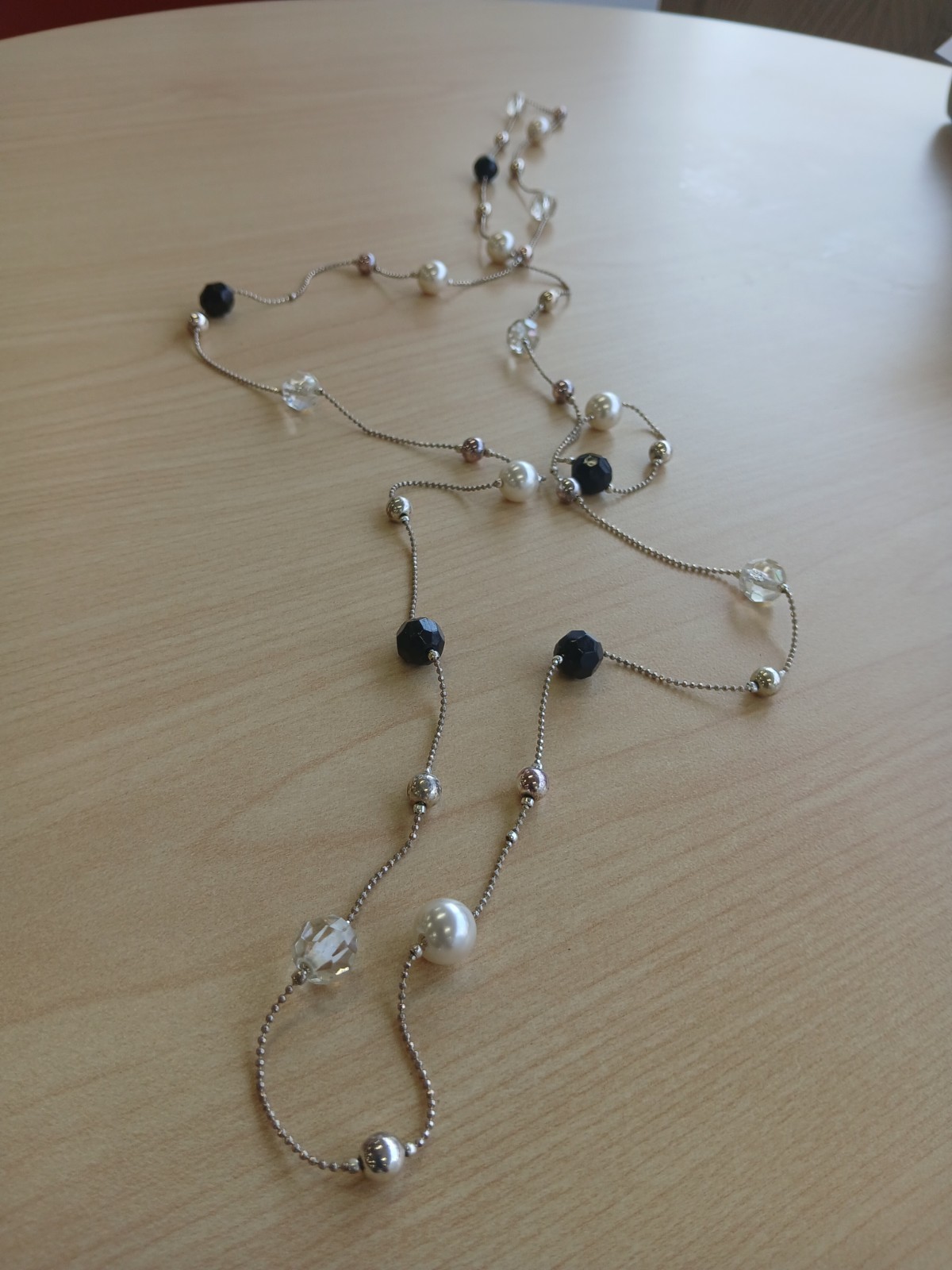 Silver Tone Beaded Necklace White Round Pearl Crystal Clear Black Ball/Bead
