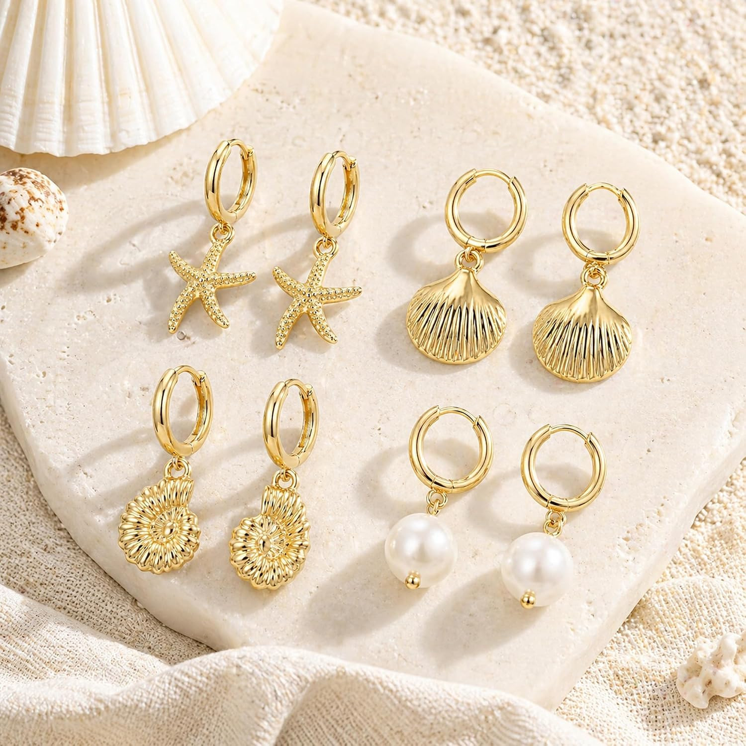 4 Pairs Huggie Hoop Beachy Earrings Set for Women, 14K Gold Plated Ocean Element