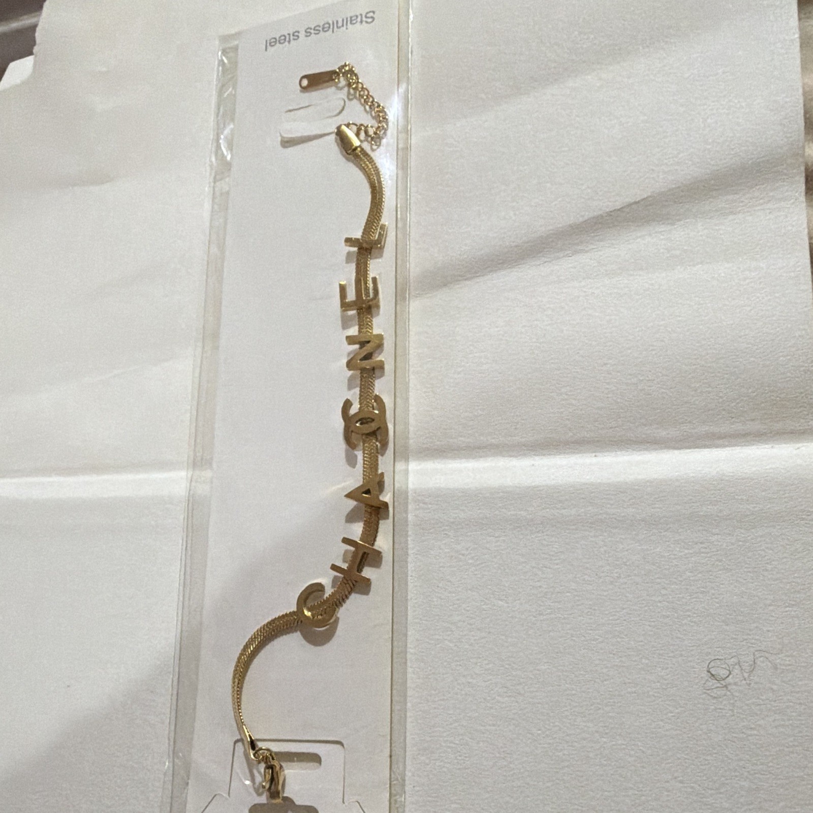 Gold Tone Stainless Steel Snake Chain Letter Dangle ChanelBracelet Lobster Clasp