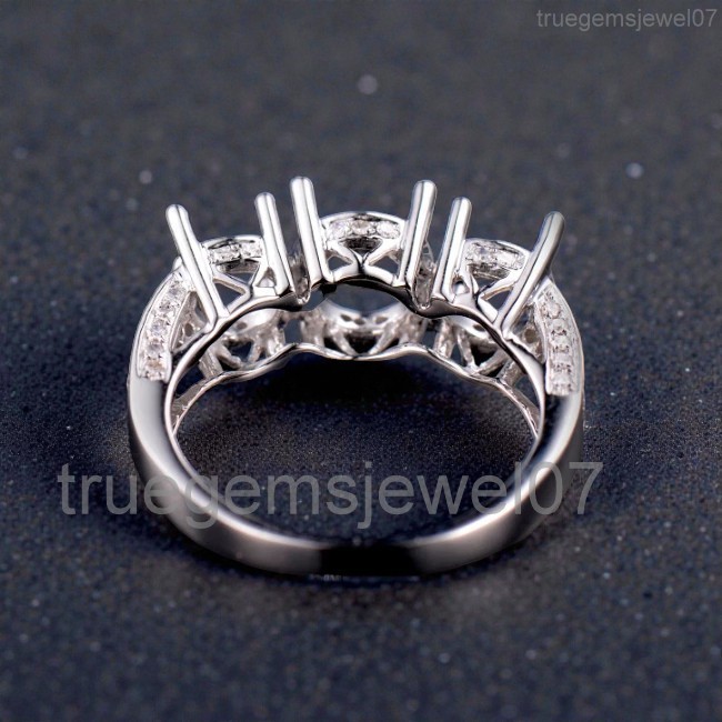 925 Silver 3-Stone Ring Setting Mount 7.5MM Round & Two 6.5MM Stones DIY Jewelry