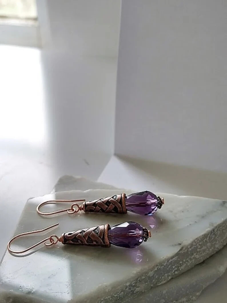 Purple Teardrop Crystal Copper Dangle Earrings, Pink Drop Earrings