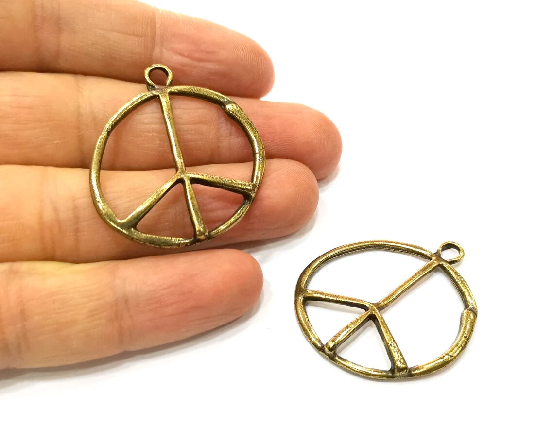 2 Peace Dangle Circle Charm Antique Bronze Plated Metal (36mm) G17721
