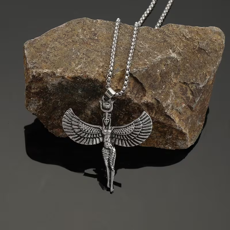Silver Egyptian Goddess Pendant & Necklace 1 3/4″ X 1 3/4″ FREE SHIP IN USA!