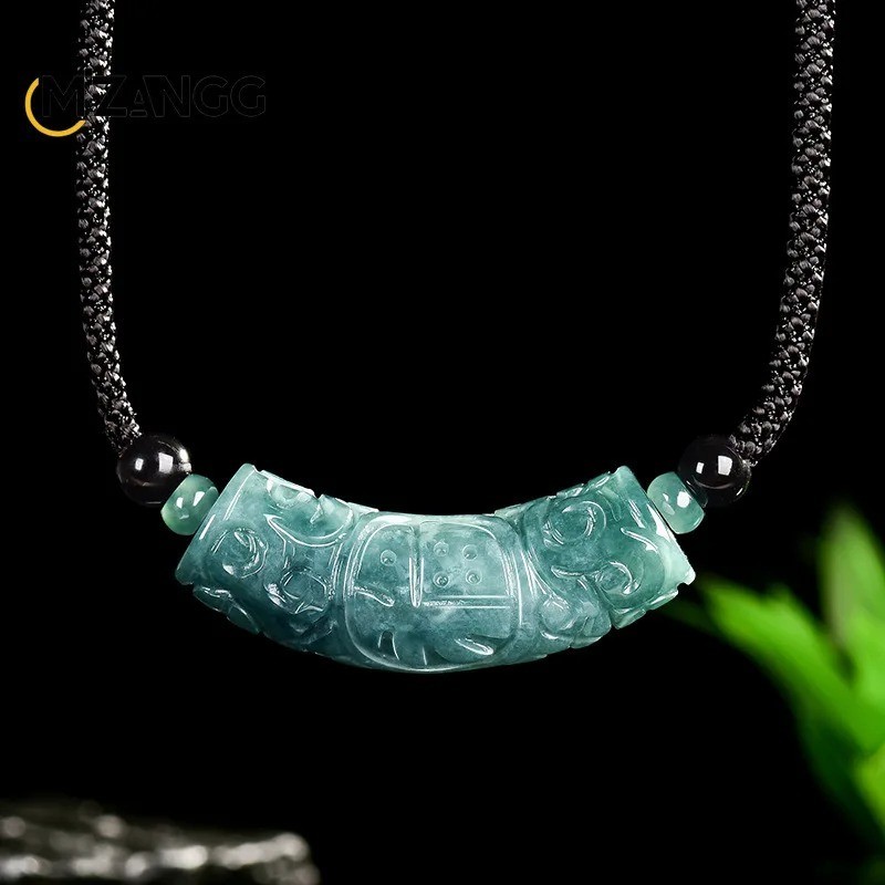 New Natural Grade A Jade Blue Green Jadeite 福 Tube Pendant Necklace