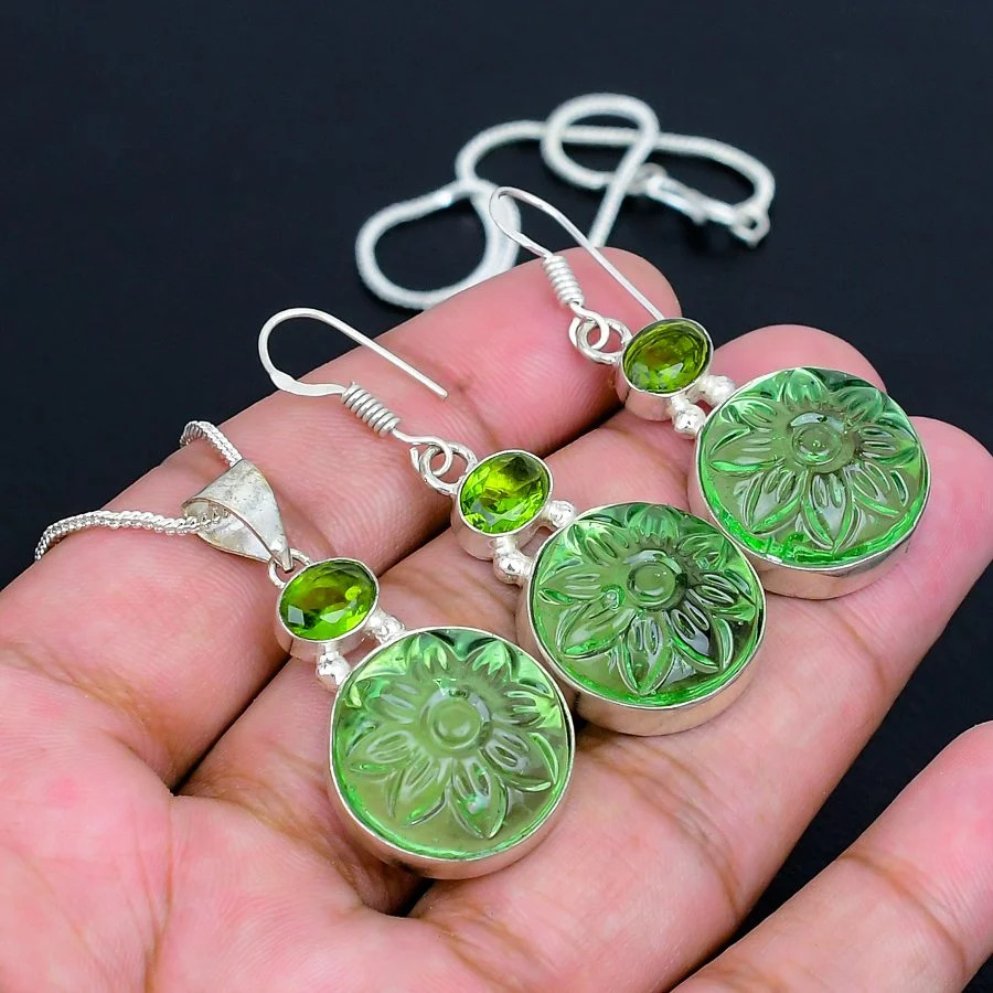 Tsavorite 925 Silver Plated Handmade Necklace & Earrings Set of 1.66″