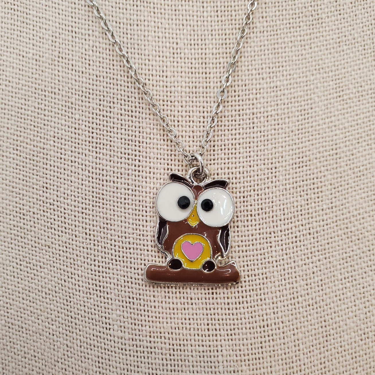 Fashion Necklace OWL Silver-tone 15-17in Chain Brown Yellow White Pink Heart
