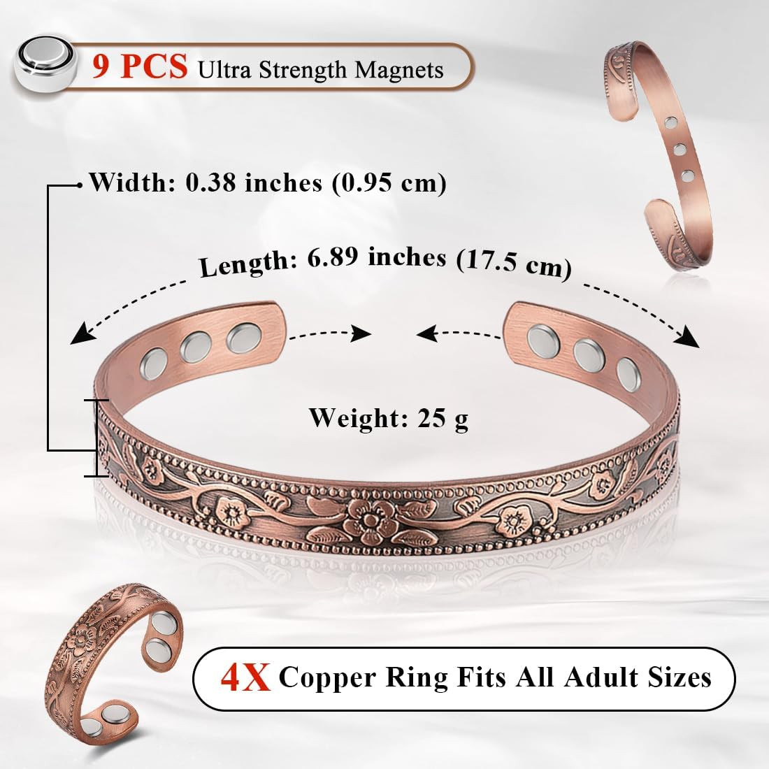 Copper Magnetic Bracelet & Ring Set for Women 99.9% Pure Copper, Strong Magnets