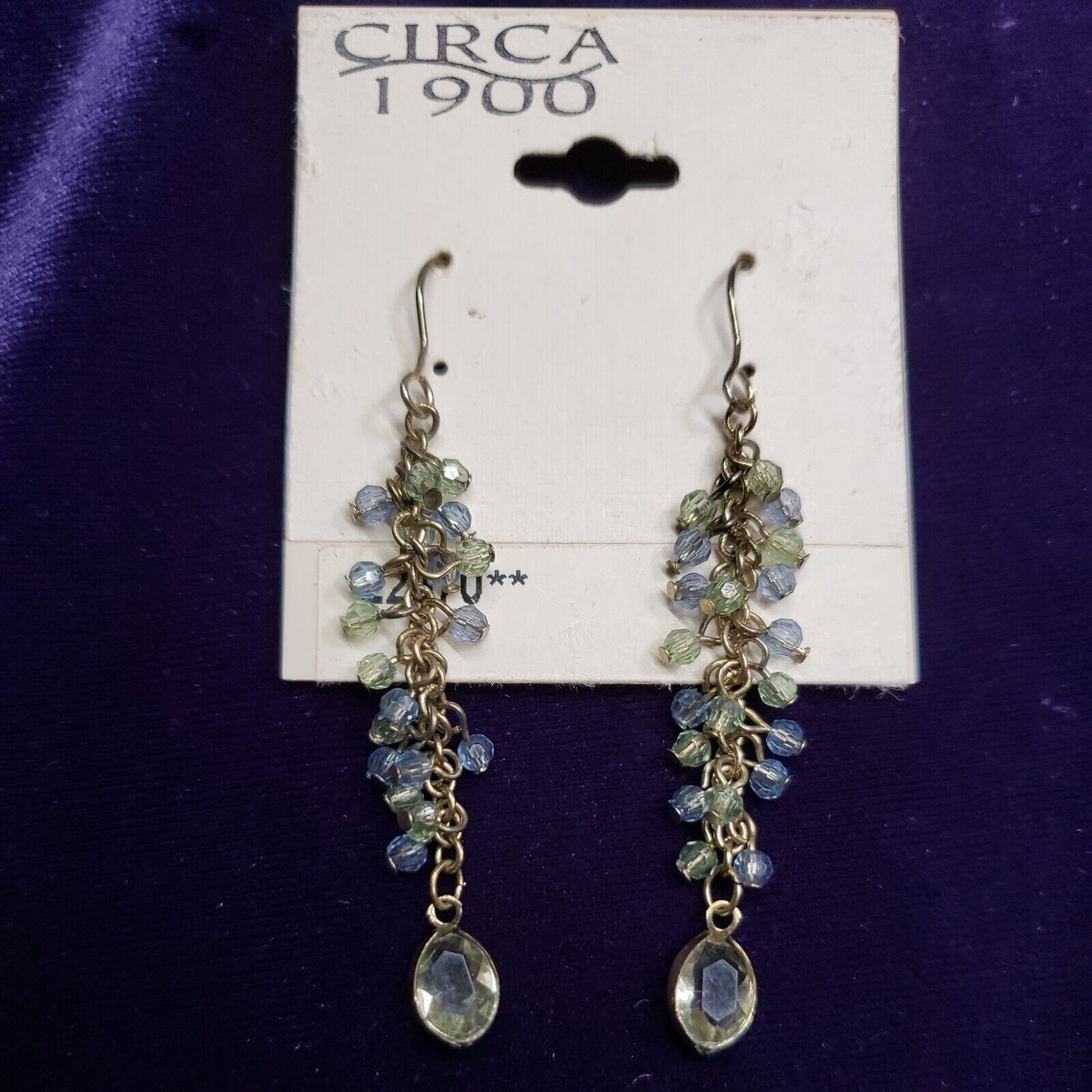 Circa 1900 Long Dangle Fringe Earrings Light Blue & Green Beads Gold Tone