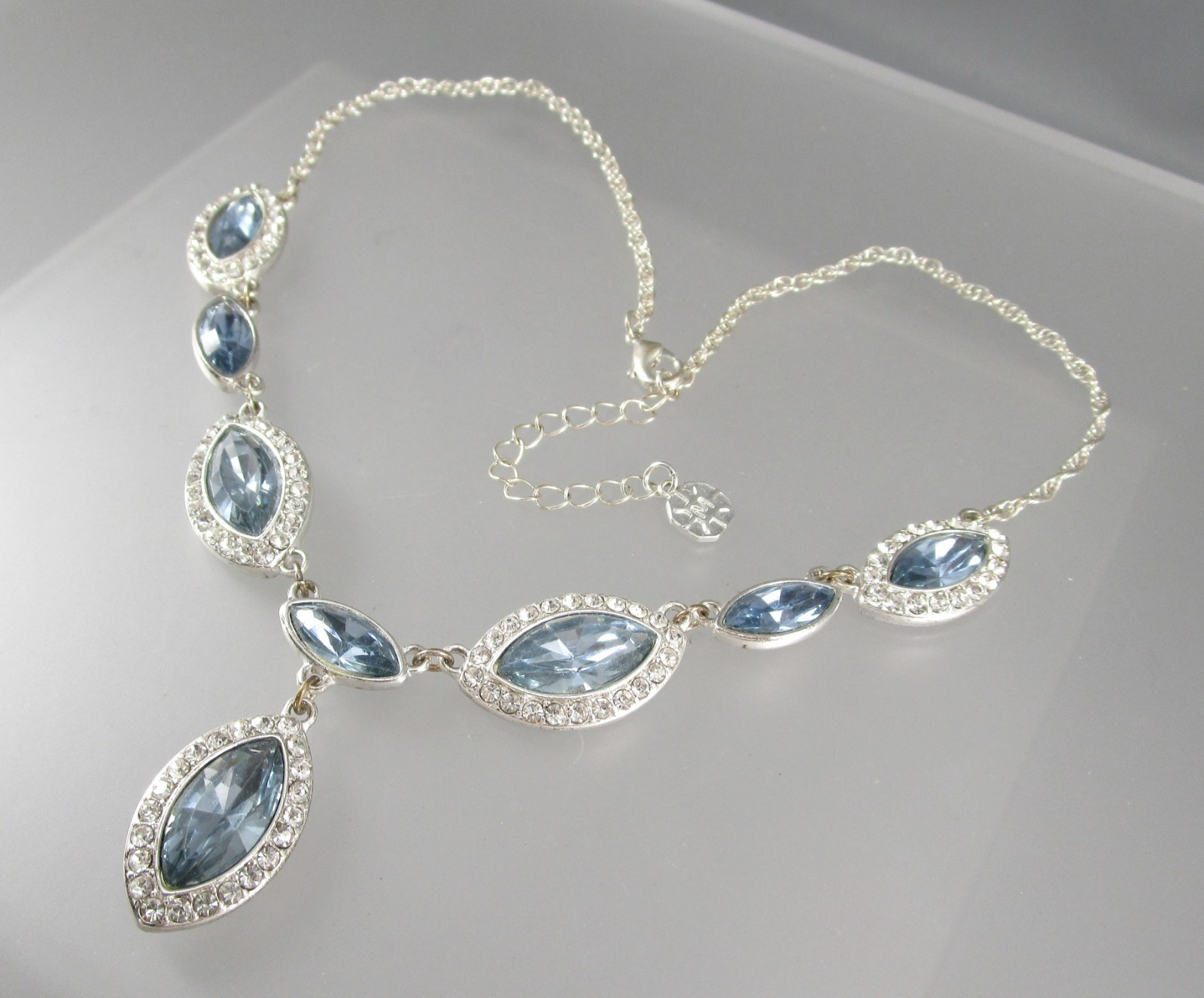 MONET Silver Tone Blue & Clear Crystal Rhinestones Adjust Necklace 640