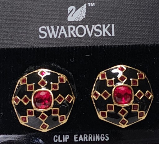 Swarovski Vintage Swan Signed Red Crystal Gold Statement Enamel Earrings A-640