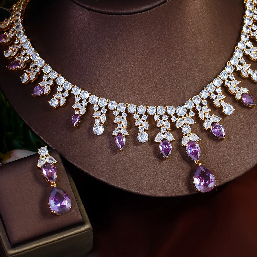 Luxury Gold Plated Purple CZ Wedding Necklace Pageant Bridal Jewelry Sets