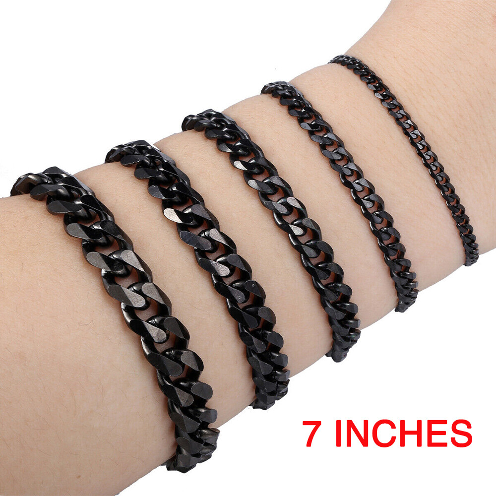 7 Inch Black Tone Stainless Steel Curb Cuban Link Bracelet Women Chain 3MM-11MM