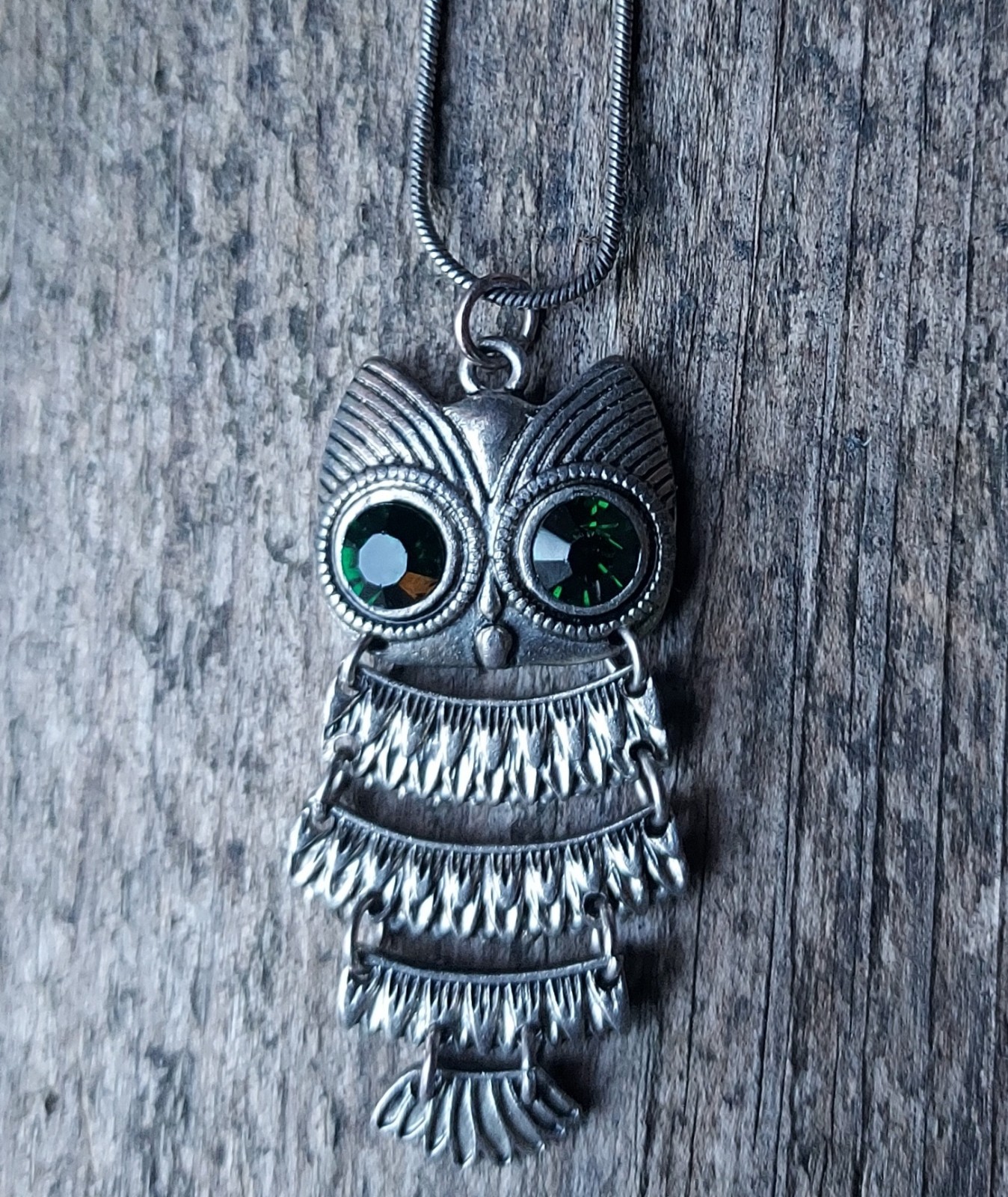 Vintage 1970s Articulated Owl Necklace Silver Tone Glass Eyes Moving Parts