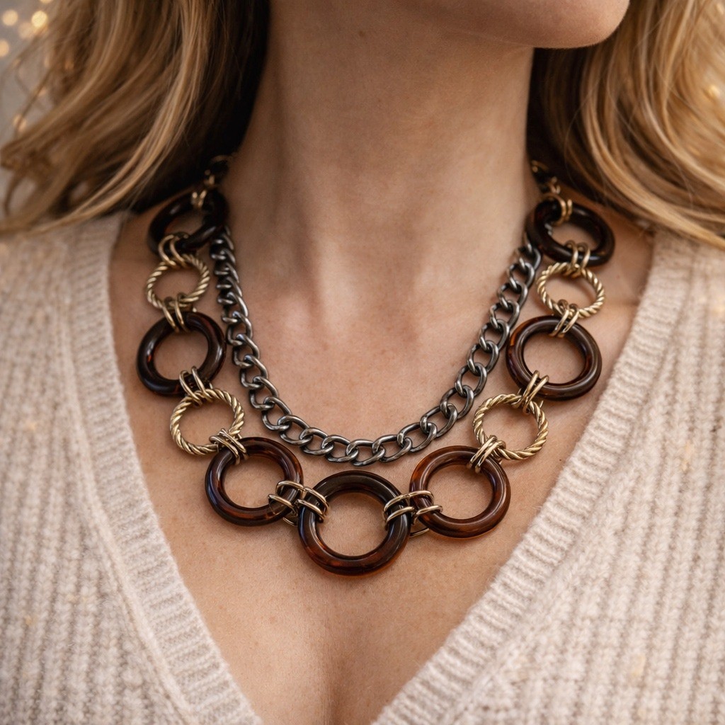 Mixed Metal Resin Ring Layered Necklace Gold Gunmetal Amber Statement Chain