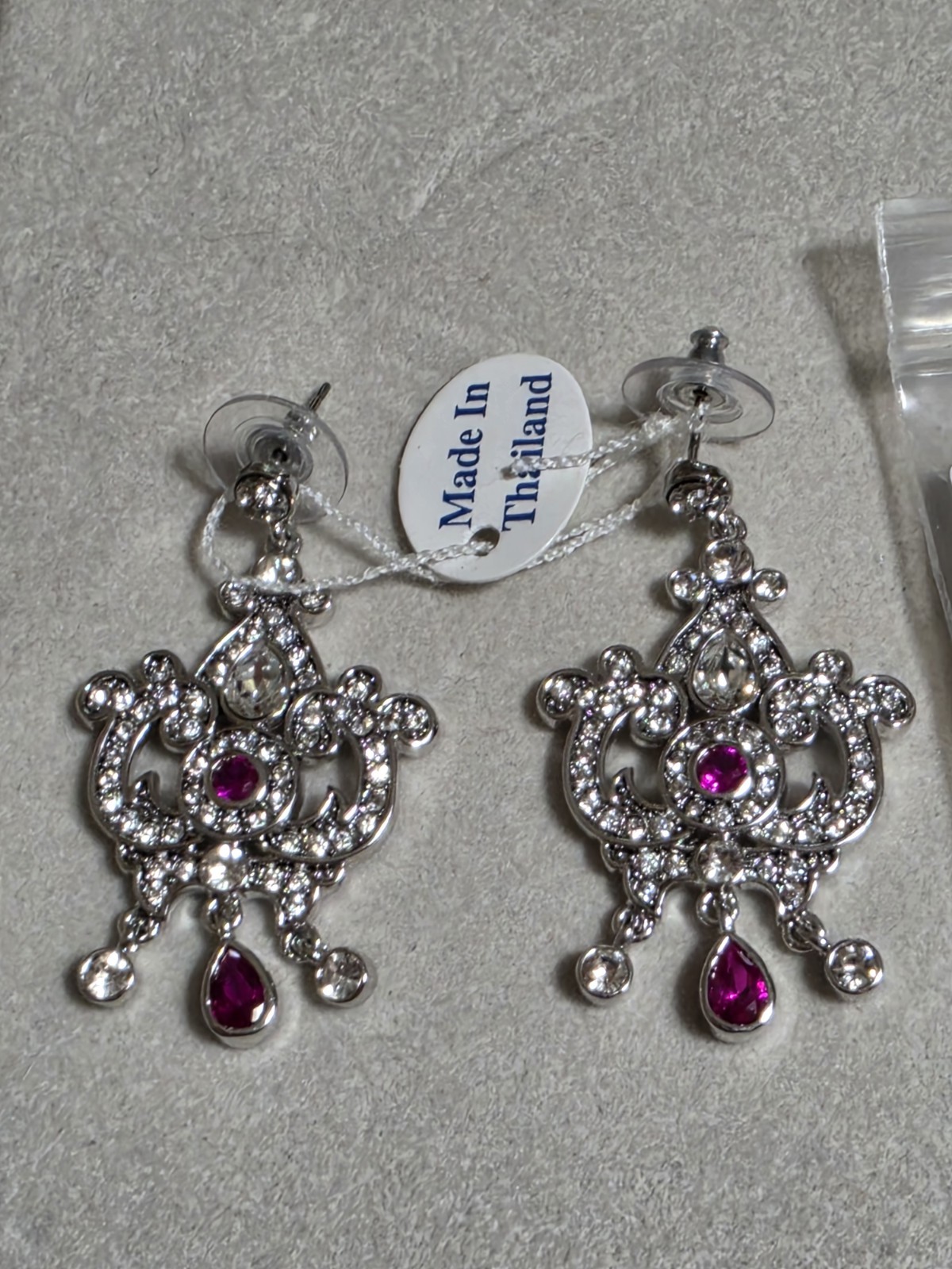 JTV Thailand White Crystal Pink Stone Silvertone 2 Dangle Earrings New