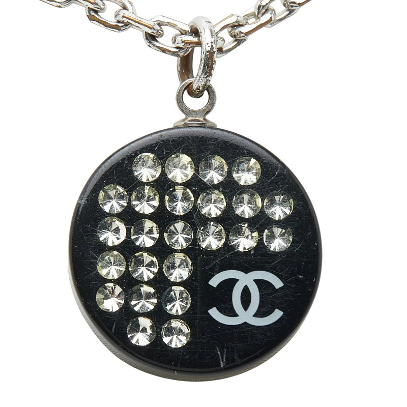 CHANEL Cocomark Rhinestone Necklace Silver Black Metal Plastic Ladies 18.5in