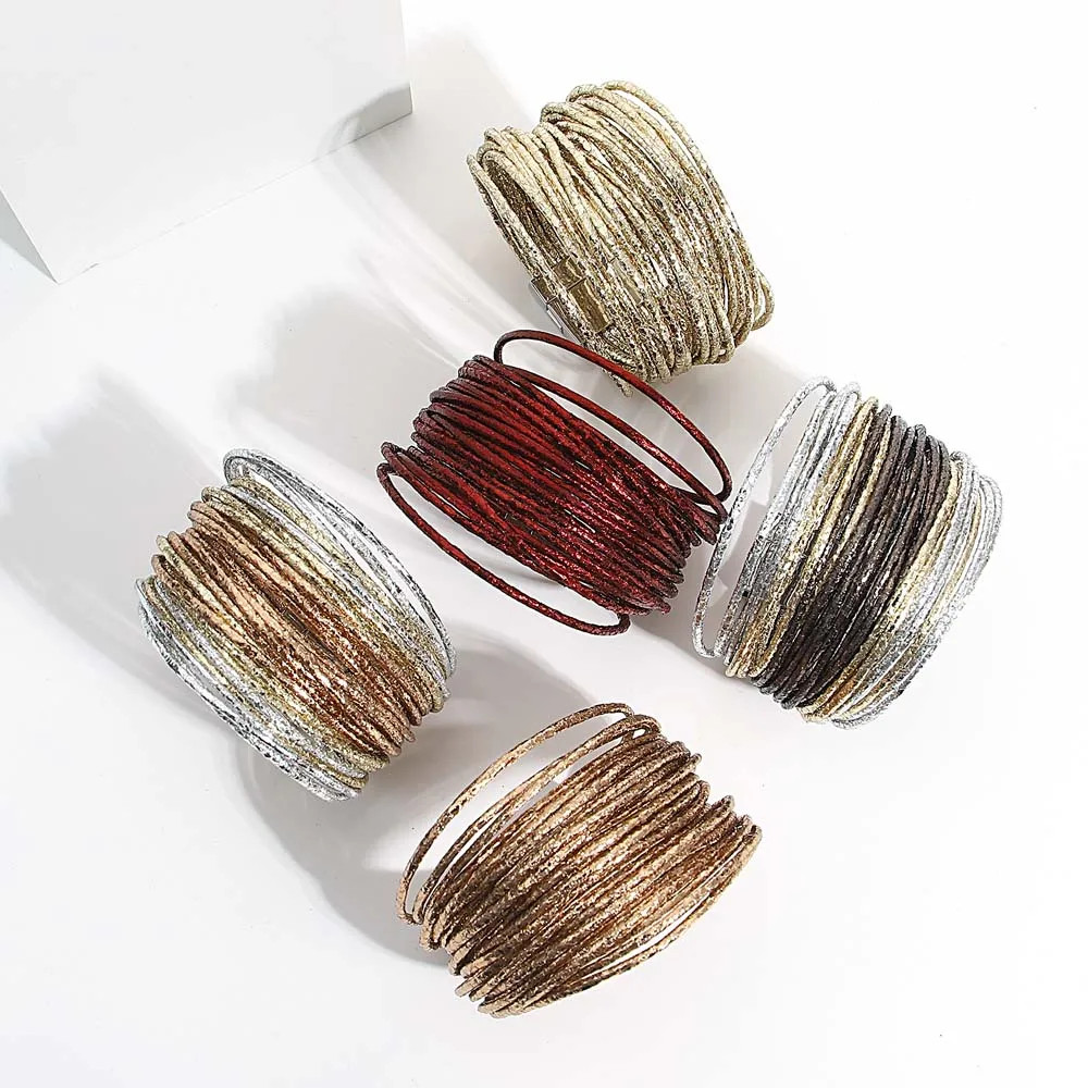 Triple Color Leather Wrap Bracelet Multilayer Slim Glitter Rope Chain Women