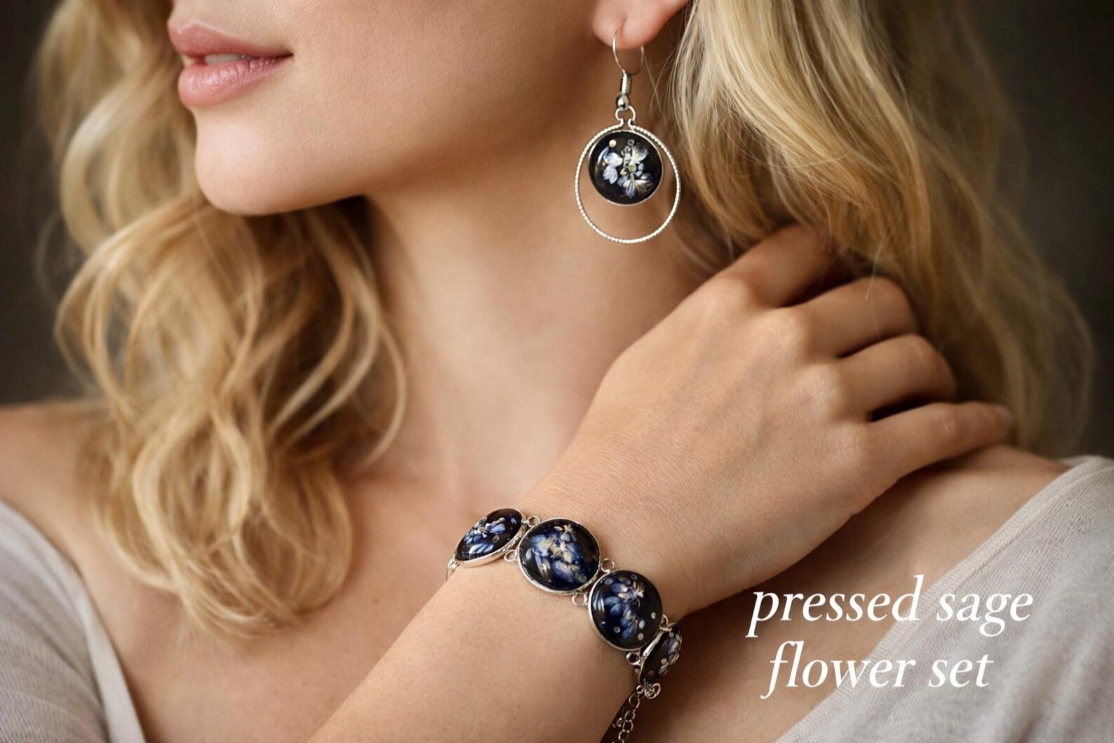 Sage flowers jewelry set,real pressed sage flower & glitter bracelet and earring
