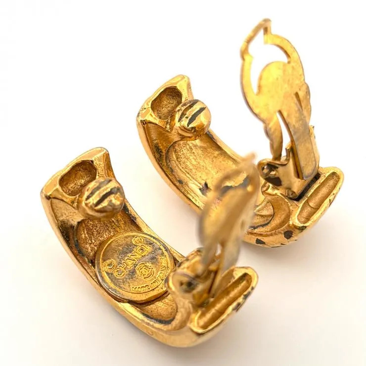 CHANEL Vintage Logo Hoop Earrings 2WAY Gold Plated Auth Japan