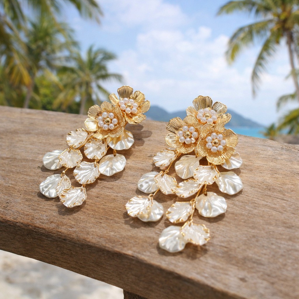 White Cluster Pearl Earrings Gold Metal Clip On Screw Back Cascading Handmade