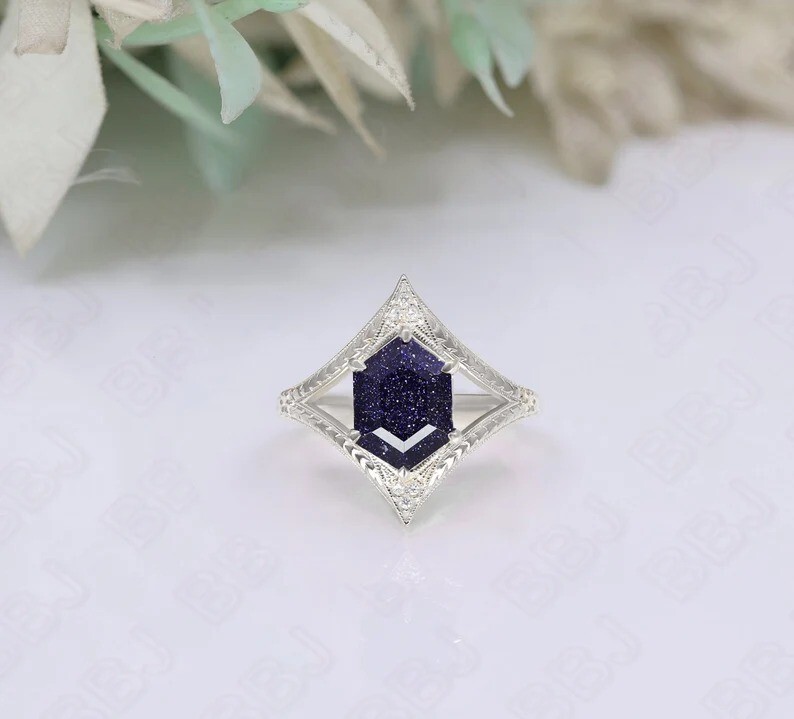 Hexagon Sandstone Engagement Ring Wedding Ring For Womens Anniversary Gift