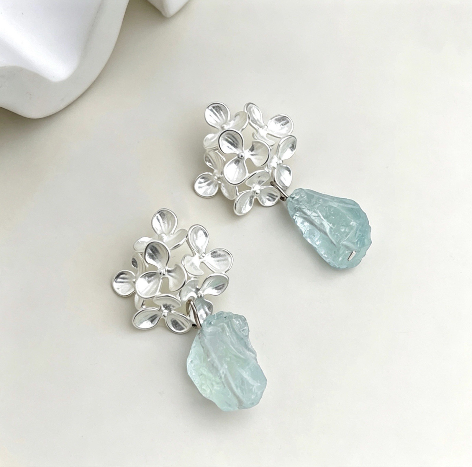 Handmade Floral Dangle Earrings Natural Aquamarine Rough 925 Silver Posts Only