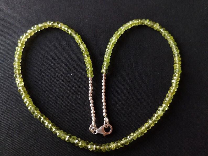A++ Natural Peridot Faceted Rondelle Gemstone Silver Filled Beads Necklaces 24”