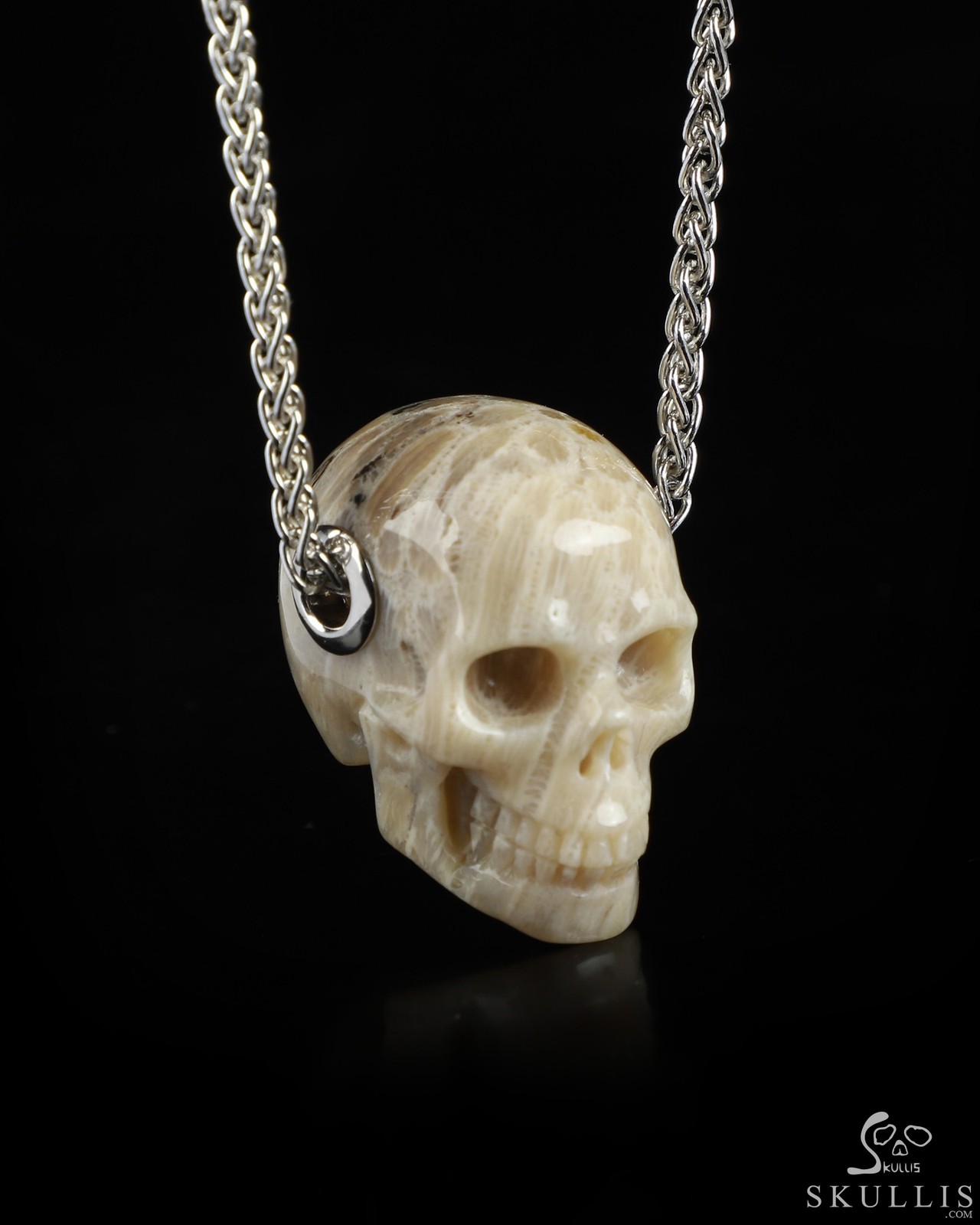 Necklace of 1.1″ Coral Fossil Hand Carved Crystal Skull Pendant, Skull Jewelry