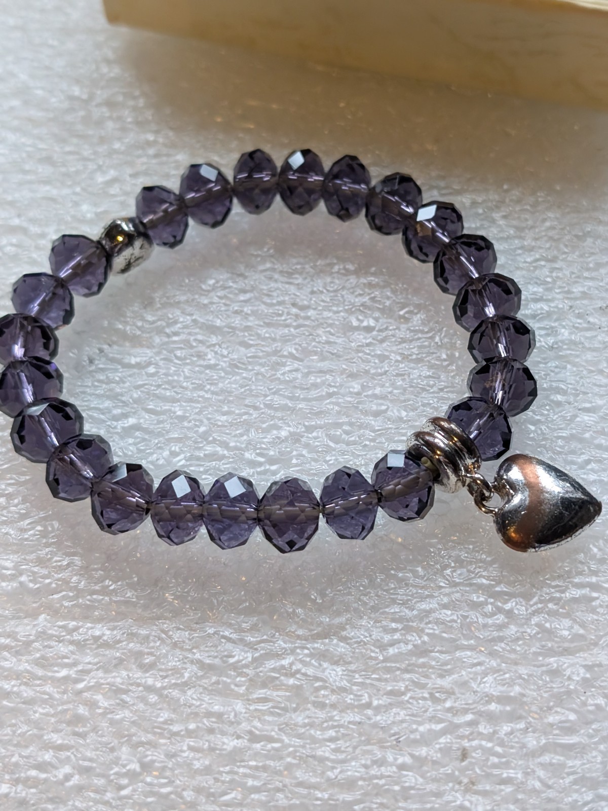 Purple Crystal Elasticated Faux Amethyst Bracelet 30g Love Heart Charm New/ Box